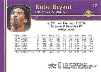 2001-02 Fleer Maximum #17 Kobe Bryant Back