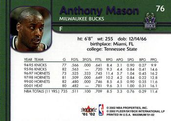 2001-02 Fleer Maximum #76 Anthony Mason Back
