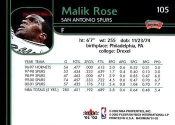 2001-02 Fleer Maximum #105 Malik Rose Back