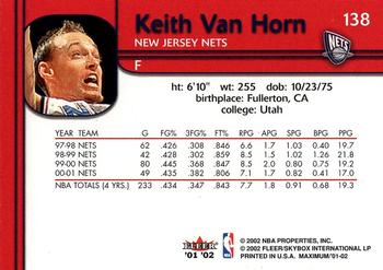 2001-02 Fleer Maximum #138 Keith Van Horn Back