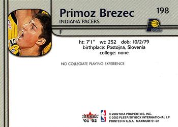 2001-02 Fleer Maximum #198 Primoz Brezec Back