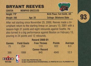 2001-02 Fleer Platinum #93 Bryant Reeves Back