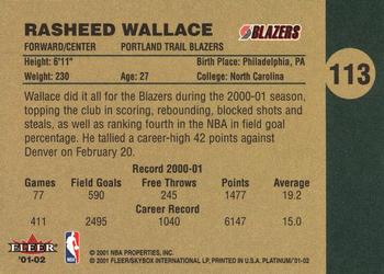 2001-02 Fleer Platinum #113 Rasheed Wallace Back