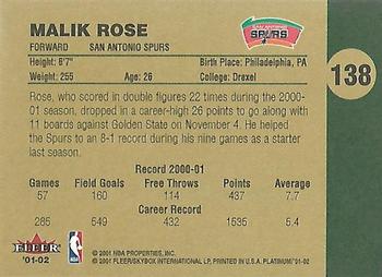 2001-02 Fleer Platinum #138 Malik Rose Back