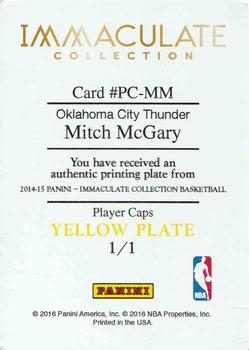 2014-15 Panini Immaculate Collection - Player Caps Printing Plates Yellow #PC-MM Mitch McGary Back