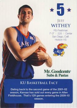 2009-10 Mr. Goodcents Subs and Pastas Kansas Jayhawks #NNO Jeff Withey Back