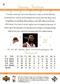 2001-02 SP Authentic #28 Danny Fortson Back