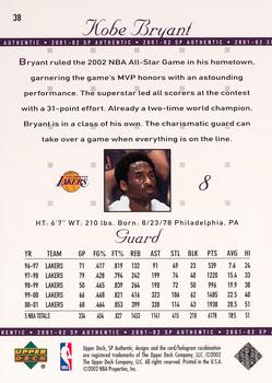 2001-02 SP Authentic #38 Kobe Bryant Back