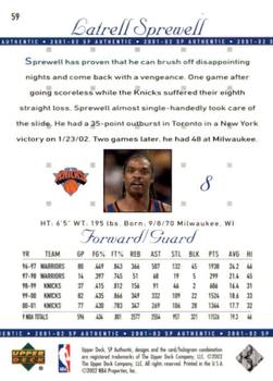 2001-02 SP Authentic #59 Latrell Sprewell Back