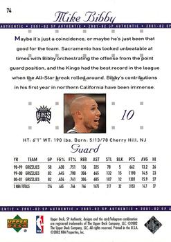 2001-02 SP Authentic #74 Mike Bibby Back