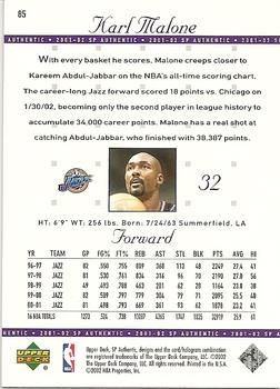 2001-02 SP Authentic #85 Karl Malone Back