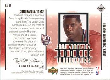 2001-02 SP Authentic - Rookie Authentics #RA-BA Brandon Armstrong Back