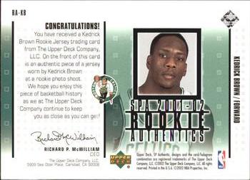 2001-02 SP Authentic - Rookie Authentics #RA-KB Kedrick Brown Back