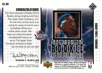 2001-02 SP Authentic - Rookie Authentics #RA-RW Rodney White Back