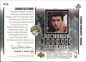 2001-02 SP Authentic - Rookie Authentics #RA-VR Vladimir Radmanovic Back