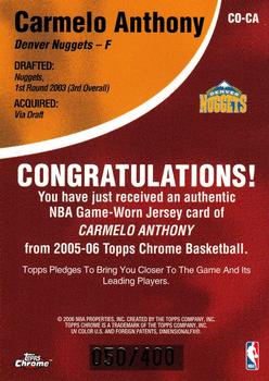 2005-06 Topps Chrome - Chosen One #CO-CA Carmelo Anthony Back