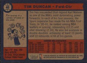 2001-02 Topps Heritage #40 Tim Duncan Back