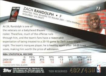 2005-06 Topps Luxury Box - Tier Reserved #73 Zach Randolph Back