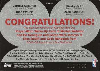 2005-06 Topps Luxury Box - Box Out Quad Relics #BOR-22 Martell Webster / Ha Seung-Jin / Theo Ratliff / Zach Randolph Back