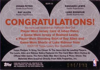 2005-06 Topps Luxury Box - Box Out Quad Relics #BOR-25 Johan Petro / Rashard Lewis / Ray Allen / Luke Ridnour Back