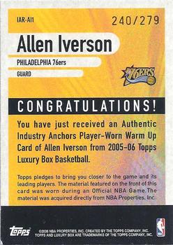 2005-06 Topps Luxury Box - Industry Anchors Relics #IAR-AI1 Allen Iverson Back