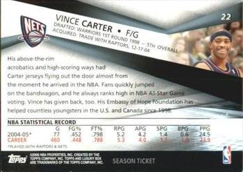 2005-06 Topps Luxury Box - Season Ticket #22 Vince Carter Back