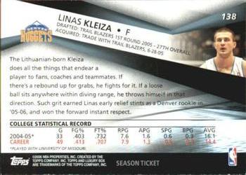 2005-06 Topps Luxury Box - Season Ticket #138 Linas Kleiza Back