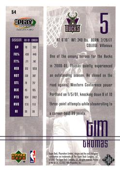 2001-02 UD PlayMakers Limited #54 Tim Thomas Back