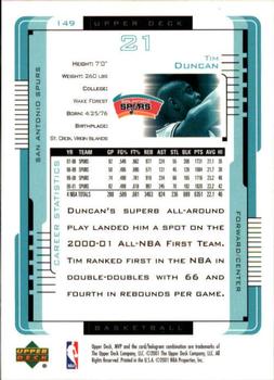 2001-02 Upper Deck MVP #149 Tim Duncan Back