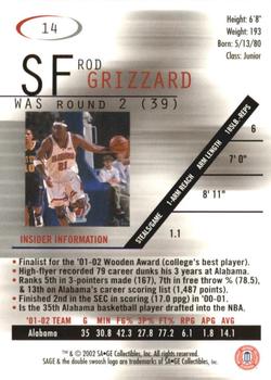 2002 SAGE #14 Rod Grizzard Back