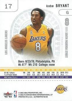 2002-03 Fleer Authentix #17 Kobe Bryant Back