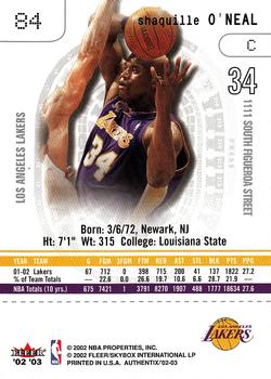 2002-03 Fleer Authentix #84 Shaquille O'Neal Back