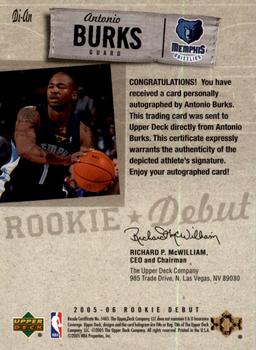 2005-06 Upper Deck Rookie Debut - Debut Ink #DI-AN Antonio Burks Back