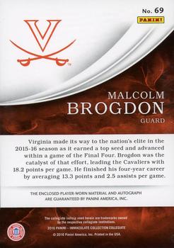 2016-17 Panini Immaculate Collection Collegiate - Patch Autographs #69 Malcolm Brogdon Back