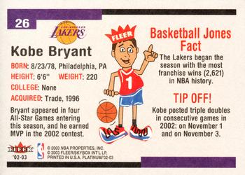 2002-03 Fleer Platinum #26 Kobe Bryant Back