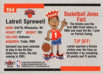 2002-03 Fleer Platinum #104 Latrell Sprewell Back