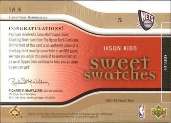 2005-06 Upper Deck Sweet Shot - Sweet Swatches Gold #SW-JK Jason Kidd Back