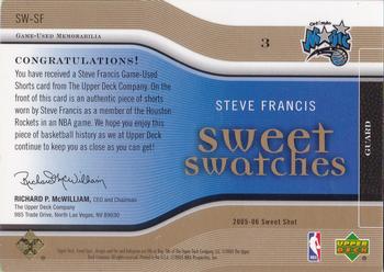 2005-06 Upper Deck Sweet Shot - Sweet Swatches Gold #SW-SF Steve Francis Back