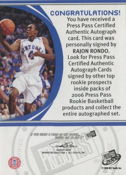 2006 Press Pass - Autographs Bronze #NNO Rajon Rondo Back