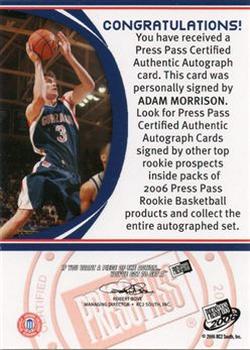 2006 Press Pass - Autographs Blue #NNO Adam Morrison Back