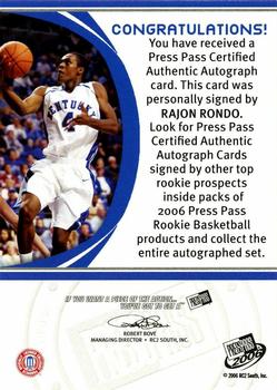 2006 Press Pass - Autographs Blue #NNO Rajon Rondo Back