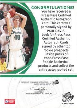2006 Press Pass - Autographs Silver #NNO Paul Davis Back