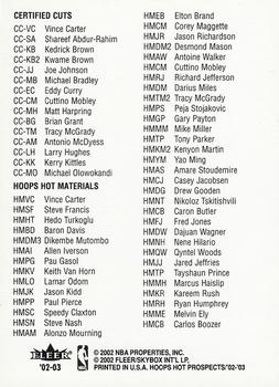 2002-03 Hoops Hot Prospects #NNO Checklist Inserts Back