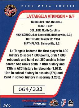 2006 Rittenhouse WNBA - Rookies #RC9 La'Tangela Atkinson Back