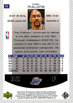 2002-03 SP Authentic #94 Karl Malone Back