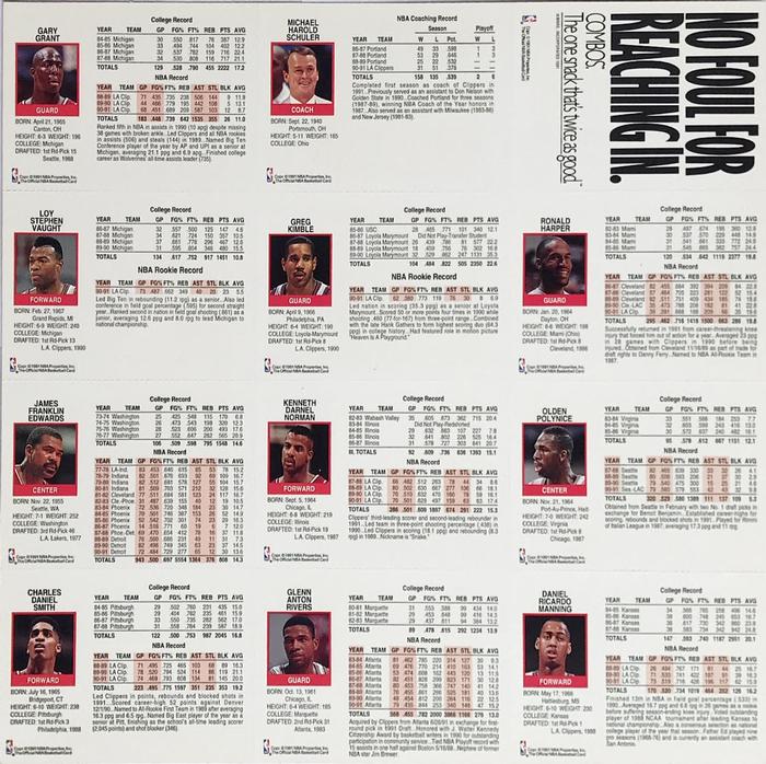 1991-92 Hoops Los Angeles Clippers Team Night Sheet SGA - Full Sheet #NNO James Edwards / Gary Grant / Ron Harper / Bo Kimble / Danny Manning / Ken Norman / Olden Polynice / Doc Rivers / Mike Schuler / Charles Smith / Loy Vaught Back