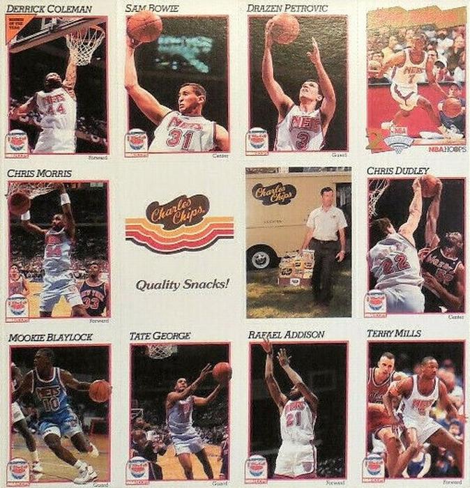 1991-92 Hoops New Jersey Nets Team Night Sheet SGA - Full Sheet #NNO Rafael Addison / Kenny Anderson / Mookie Blaylock / Sam Bowie / Derrick Coleman / Chris Dudley / Tate George / Terry Mills / Chris Morris / Drazen Petrovic Front