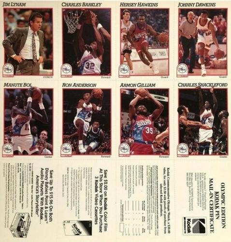 1991-92 Hoops Philadelphia 76ers Team Night Sheet SGA - Full Sheet #NNO Ron Anderson / Charles Barkley / Manute Bol / Johnny Dawkins / Armon Gilliam / Hersey Hawkins / Jim Lynam / Charles Shackleford Front