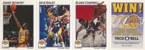 1991-92 Hoops Los Angeles Lakers Team Night Sheet SGA - Panels #NNO James Worthy / Jack Haley / Elden Campbell Front