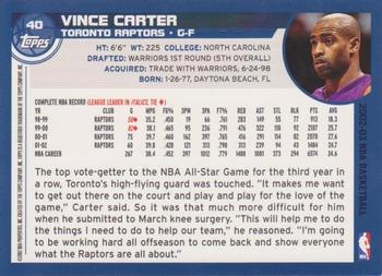 2002-03 Topps #40 Vince Carter Back